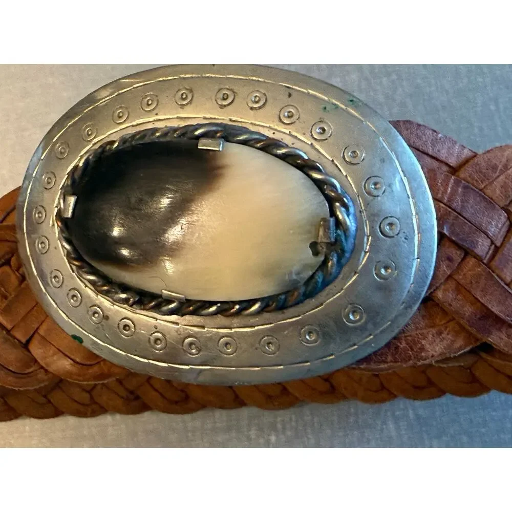 Chico's Vintage Braided Leather Belt Western Silver Agate Stone Buckle Boho M/L